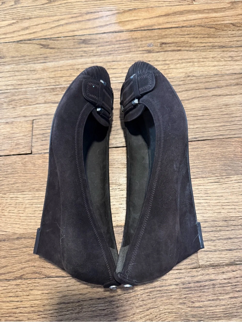 Stuart Weitzman Dark Brown Suede Wedge Flats with Buckle Accent - Picture 6 of 6